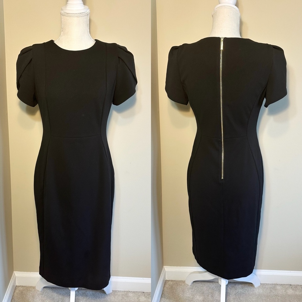 Calvin Klein 4 Black Knee Length Dress Puff Sleeves Gold Zip Career Round Neck